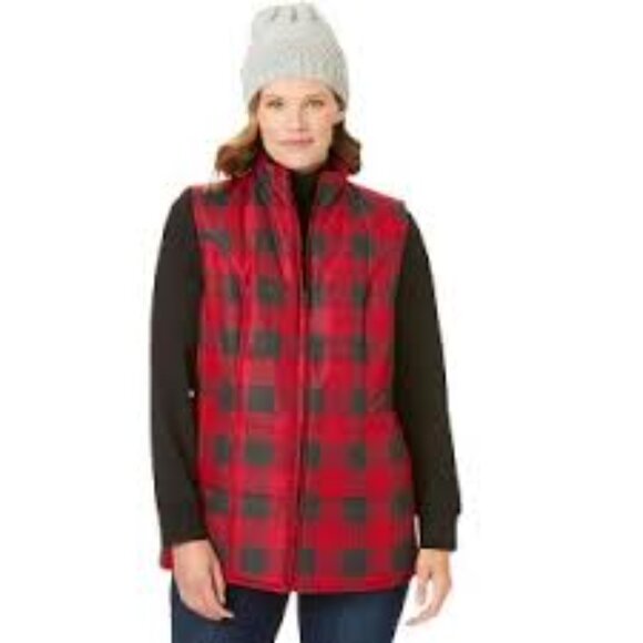 Woman Within Red Buffalo Plaid Full Zip Puffer Vest Size 38/40 5x - Picture 6 of 9